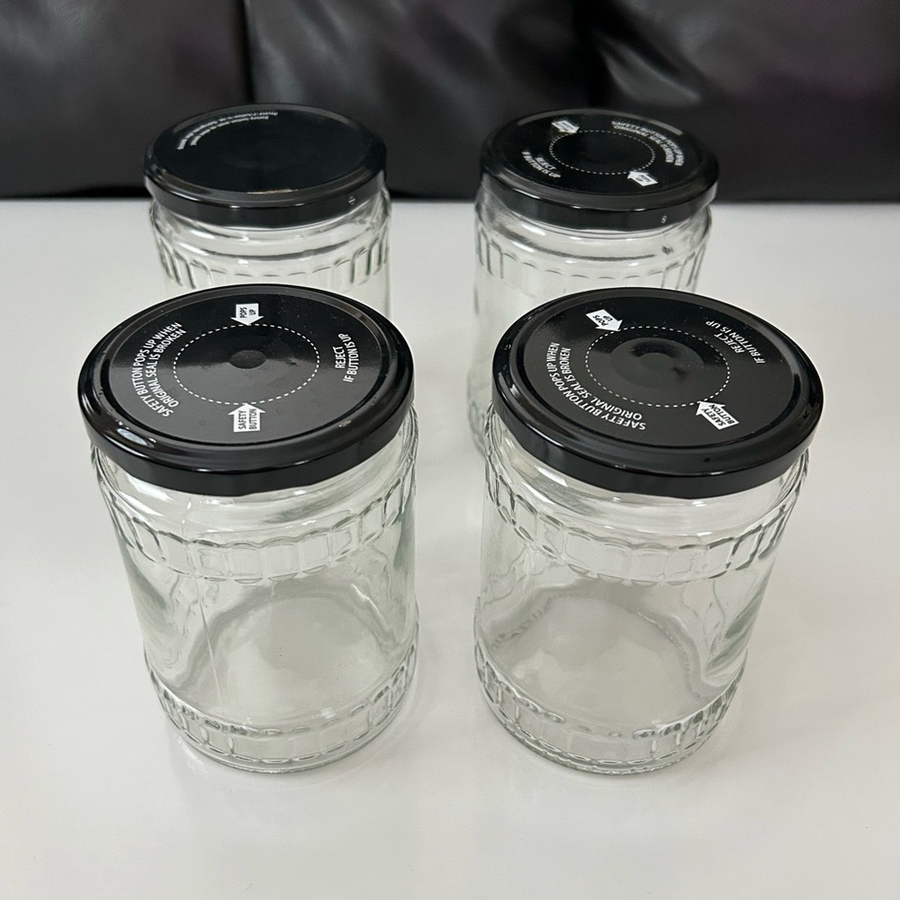 Lot of 4 Glass Jars + Black Metal Lid for Canning Crafts Storage Gifts